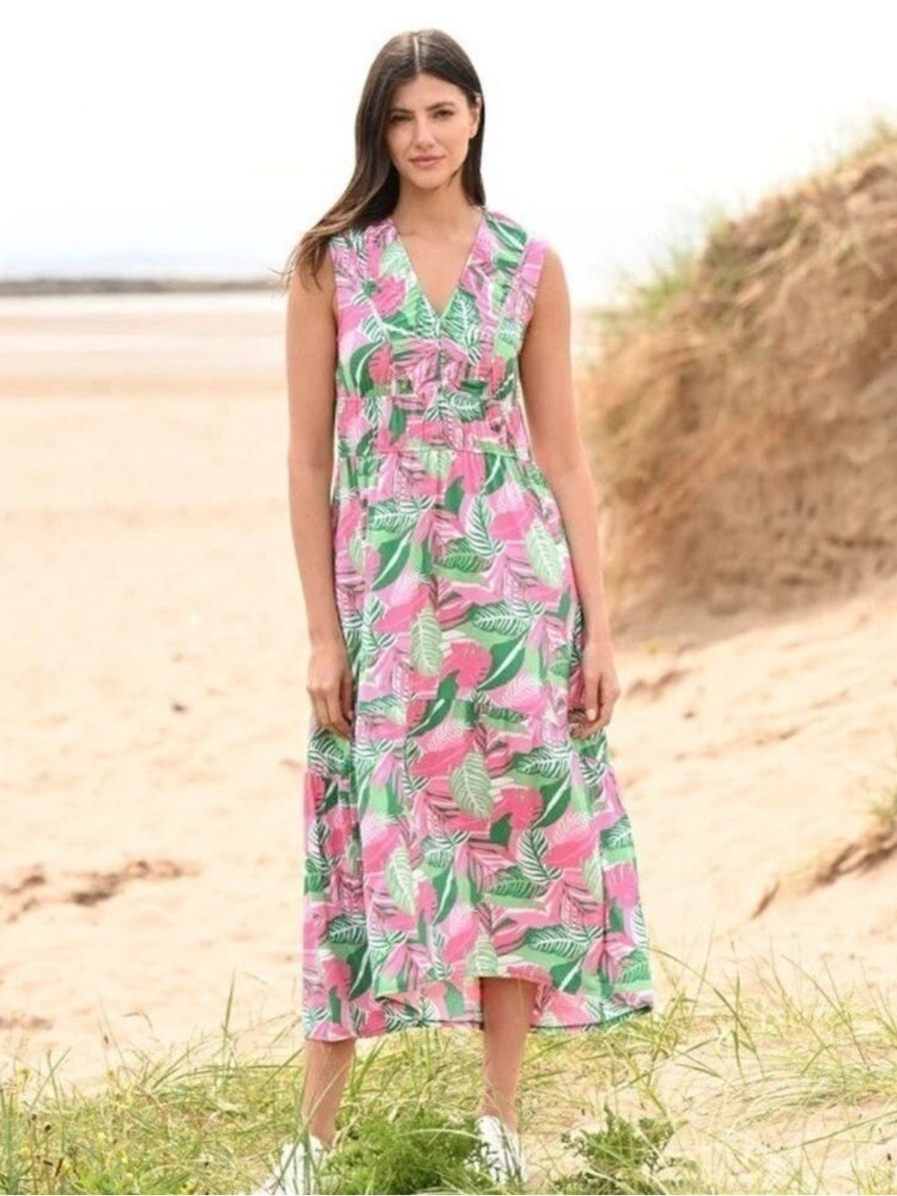Marble Tropical Palm Leaf Print Stretch Ruched Front Fit & Flare Midi Dress
